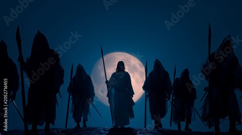Jesus Christ leading his disciples in a dramatic moonlit scene with spears