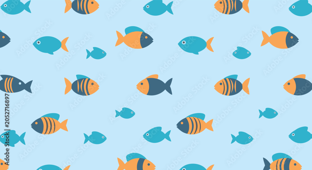 Fototapeta premium Colorful pattern of various cartoon fish swimming across a light blue aquatic background.