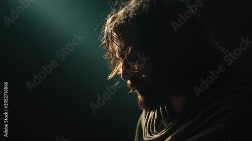 Man with long hair and beard in dramatic lighting with dark background