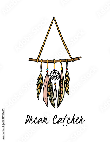 Vector card with hand drawn beautiful triangular dream catcher. Ink drawing, beautiful ethnic design elements.