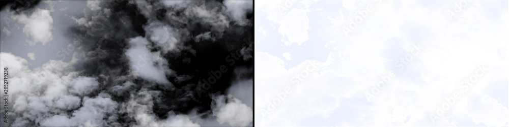 Fototapeta premium Natural white fluffy cloud transition overlay for video production with alpha transparency on isolated black.