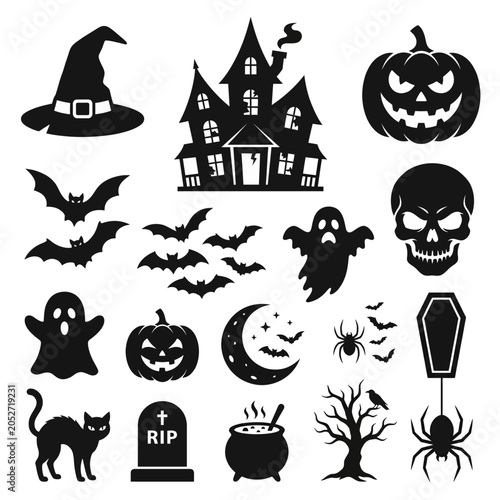 Cuadro en lienzo Spooky halloween silhouette vector set, isolated on white