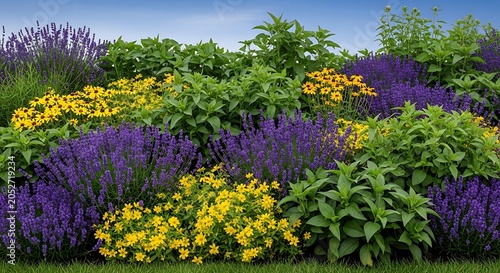 Bright yellow flowers blooming in a lush green meadow with blue wildflowers