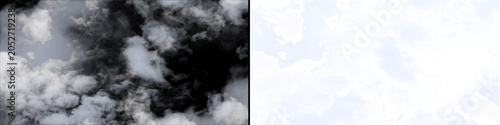 Bild auf Leinwand Natural white fluffy cloud transition overlay for video production with alpha transparency on isolated black