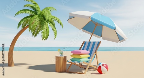 Relaxing beach scene with palm tree and deck chair under umbrella