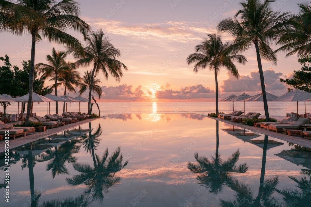 Fototapeta premium Tropical infinity pool at sunset with palm trees and luxury beach resort view