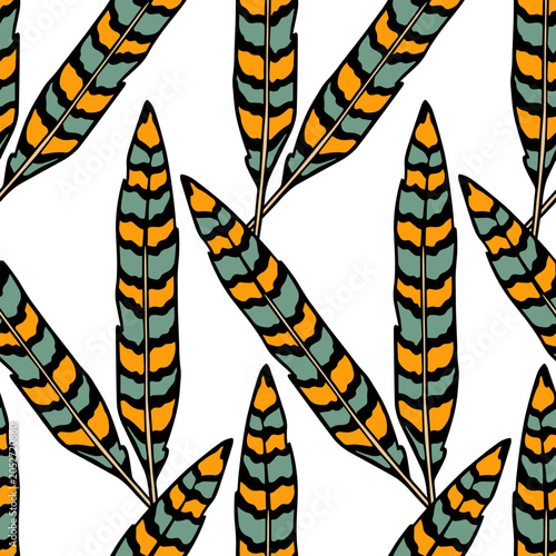 Vector seamless pattern with hand drawn bright patterned feathers. Beautiful ethnic design elements, ink drawing. Perfect for prints and patterns