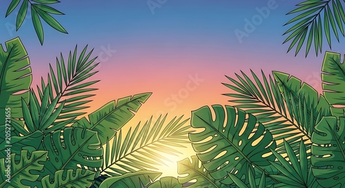 Tropical palm leaves with sunset sky background