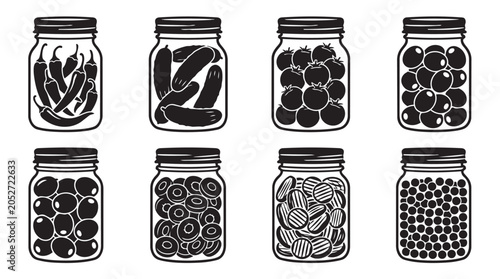 Collection of preserved food jars with pickled vegetables and fruits food storage jar set