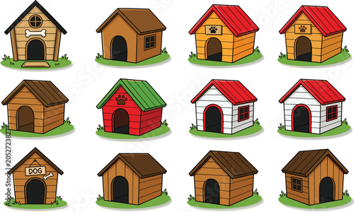 Fotografía Wooden Dog House Vector Illustration Set Featuring Colorful Pet Kennels and Outd