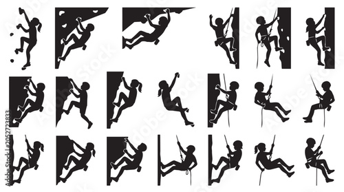 Collection of silhouette figures of rock climbers on different walls with climbing, silhouette