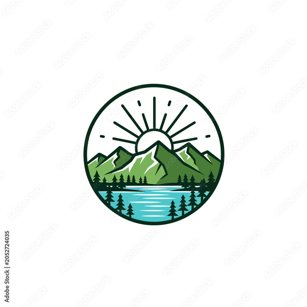 Obraz premium Mountain landscape with sun and lake.