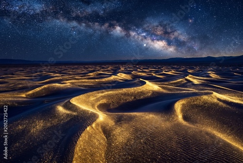 Stunning golden desert dunes illuminated by ethereal glowing lights under a majestic starry night sky filled with a brilliant glowing milky way galaxy