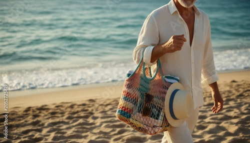 Senior man walking on sandy beach carrying colorful tote bag and summer accessories at sunset