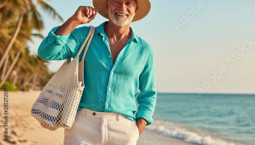 Happy mature man traveler enjoying tropical beach vacation with ecofriendly mesh tote bag, copy space