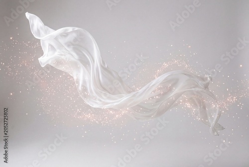 Ethereal white fabric gracefully floating with sparkling dust against a soft light background creating an abstract design symbolizing purity delicate