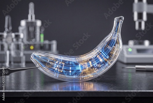 Transparent crystal banana containing intricate glowing internal circuitry and electronic components placed on a dark science laboratory research benc
