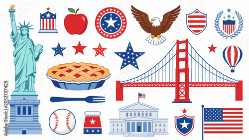 Bild auf Leinwand A vibrant collection of iconic American symbols and landmarks, including the Statue of Liberty, apple pie, and the Golden Gate Bridge, presented in a patriotic red, white, and blue color scheme