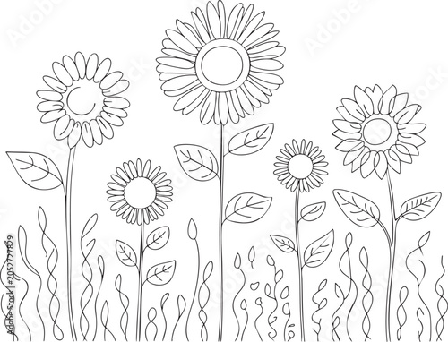 Black and white line of sunflowers and grass line coloring page