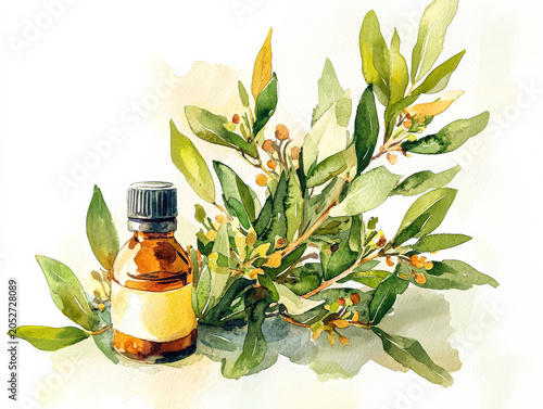 Australian Essential Oil Bottle with Eucalyptus Leaves Watercolor Illustration