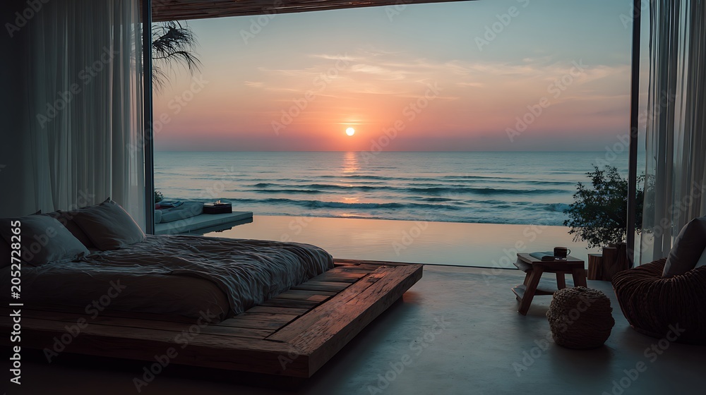 Fototapeta premium Luxurious Tropical Bedroom With Stunning Ocean View At Sunset.