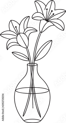 Black and white line of two lily flowers in a glass vase