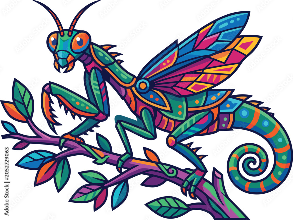 Fototapeta premium Vector illustration of a fantasy hybrid creature combining a praying mantis and a chameleon with colorful geometric patterns perched on a branch isolated on white background