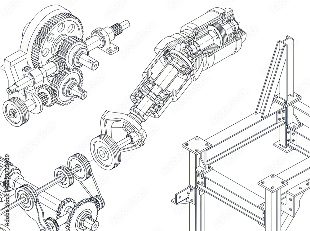 Obraz premium Detailed engineering drawings of various mechanical components and assemblies.