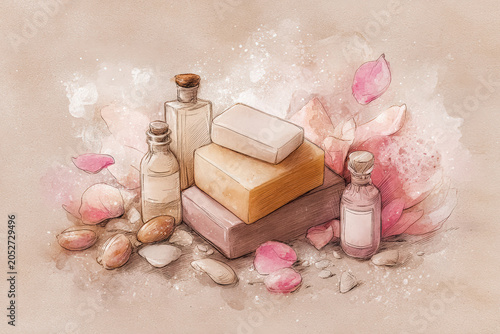Spa Products with Petals in Watercolor Illustration