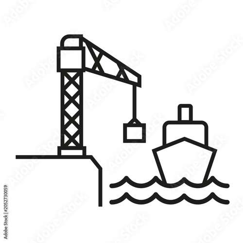 Tableau sur toile Icône vectorielle minimaliste représentant un bassin portuaire ou un chantier naval avec grue de quai, bateau et vagues, idéale pour illustrer les infrastructures portuaires et maritimes