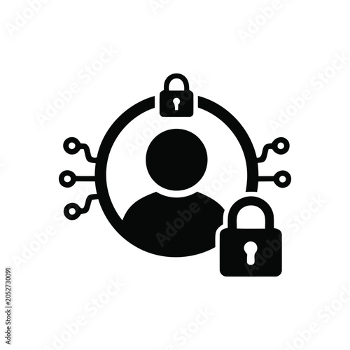 A minimalist flat vector icon representing digital identity protection and personal data security with a user silhouette, padlock, and network nodes.