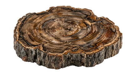 Cross-section of a tree trunk with detailed annual growth rings, bark texture, and natural wood grain patterns