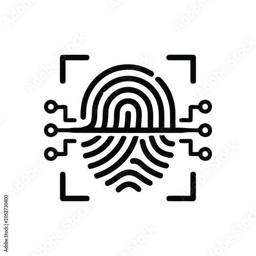 A minimalist black line icon representing digital fingerprint scanning technology isolated on a white background.