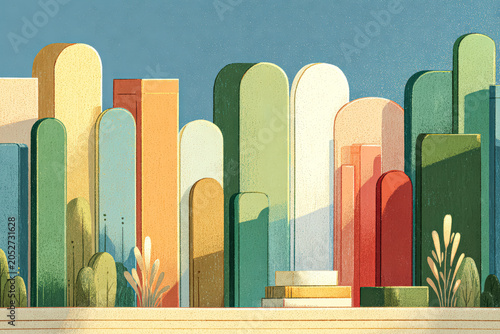 Abstract Geometric Cityscape with Rounded Buildings and Plants