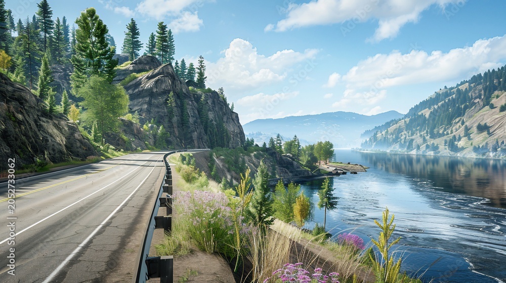 Fototapeta premium Scenic coastal highway curves alongside a tranquil lake, framed by mountains and lush greenery