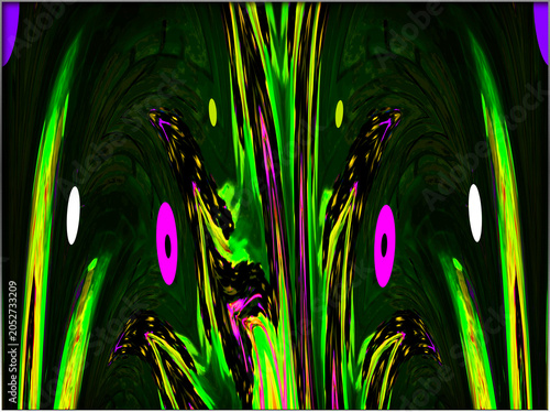 The image features bold neon colors swirling across a dark background. Bright green, magenta, and yellow create an eye-catching contrast.