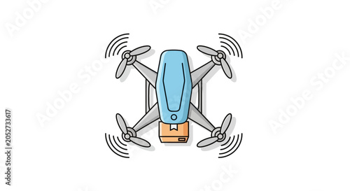 Drone with four propellers flying high.