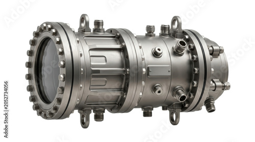 Stainless steel industrial centrifugal pump housing with flanged inlet, outlet, and bolted assembly