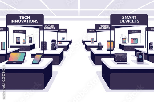 Modern Tech Innovations and Smart Devices Exhibition Store Illustration