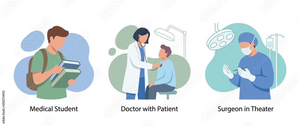 Fototapeta premium Medical Career Path from Student to Professional Doctor and Surgeon