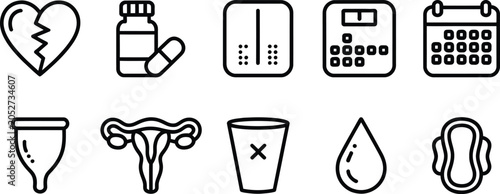 Menstrual cycle line icon set featuring broken heart medicine bottle scale calendar menstrual cup uterus trash bin blood drop pad.