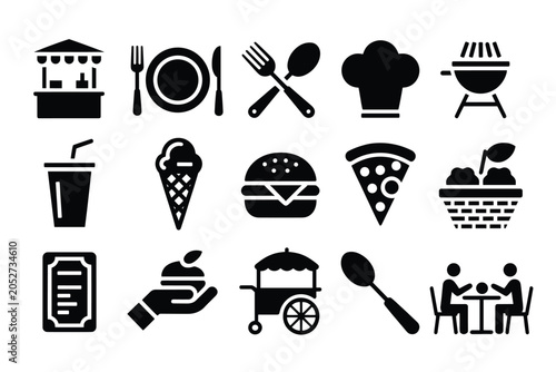 Canvastavla Set of 15 Black Food and Restaurant Vector Icons