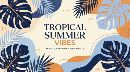 Summer background with tropical leaves and plants in orange, yellow and deep blue colors. Modern minimalist style. Design template for sale, horizontal poster, header, cover, social media, fashion ads