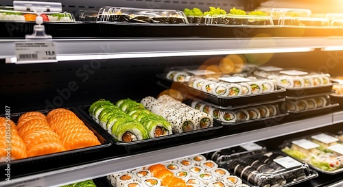 Fresh sushi rolls in plastic containers on supermarket display shelves