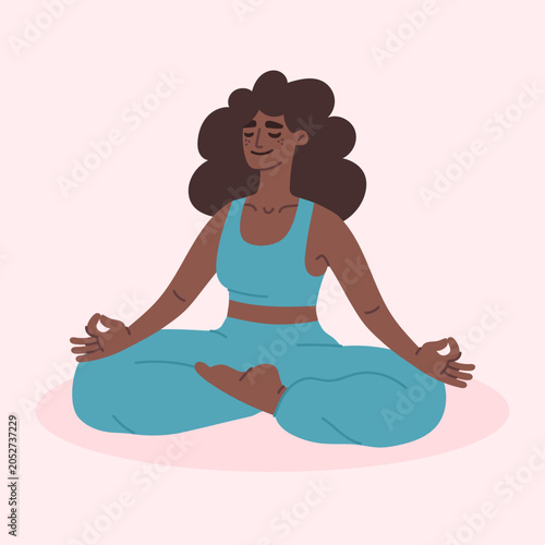 illustration of a woman meditating, sitting on the floor with crossed legs and a slight smile