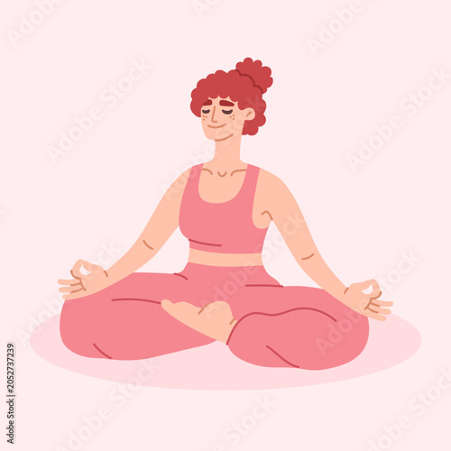 illustration of a woman meditating, sitting on the floor with crossed legs and a slight smile