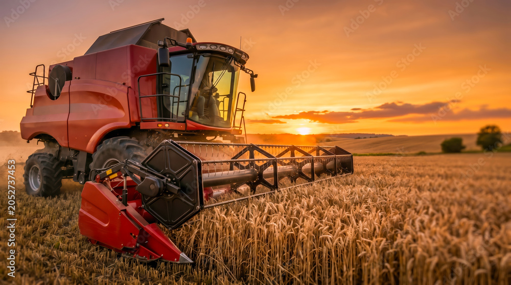 Fototapeta premium A combine harvester works in a wheat field as the sun sets in the background. The machine cuts through crops while dust rises around it, marking the end of the day