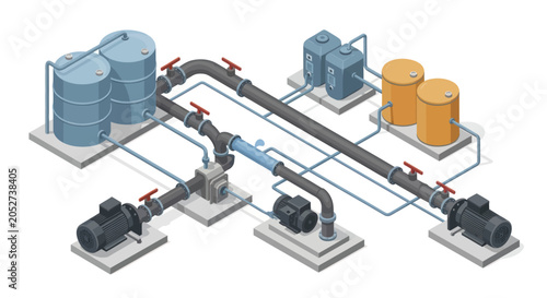 Industrial water treatment plant schematic with pumps and tanks.