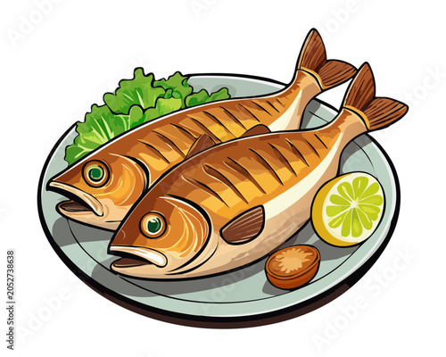 Delicious graphic design of fried seafood fish with lemon and herbs perfect for restaurant menu book culinary recipe promotion digital marketing layout - Vector Illustration