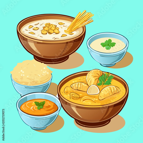 Картината върху платно Assorted hearty soup bowls including thick lentil stew tomato cream vegetable br